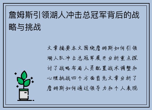 詹姆斯引领湖人冲击总冠军背后的战略与挑战 詹姆斯引领湖人冲击总冠军背后的战略与挑战
